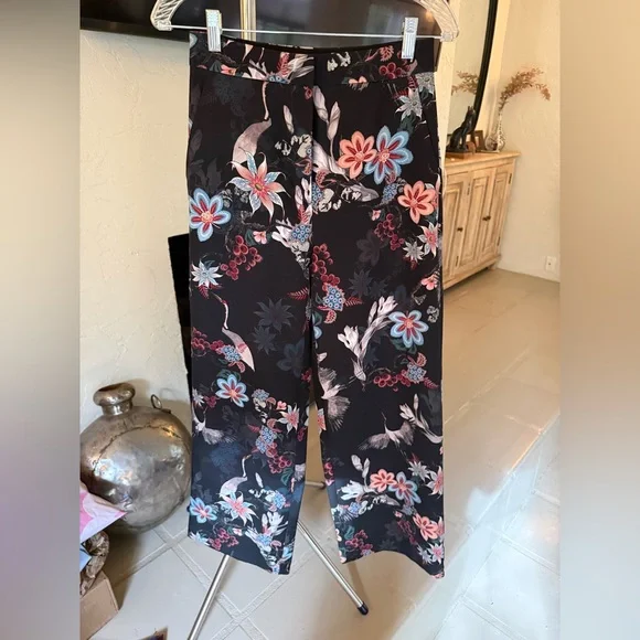 H&M Crane Print Satin Wide Leg Trousers High Waist Floral Size 6 - Picture 5 of 12